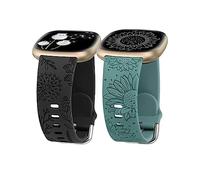 Minyee 2 Packs Floral Engraved Band Compatible with Fitbit Versa 4/Versa 3/Sense 2/Sense Band Women, Cute Silicone Dandelion Sunflower Design Soft Sport Fancy Summer Strap for Versa 4, black/green