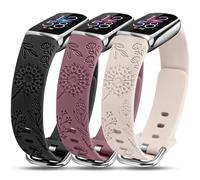 Minyee 3 Packs Compatible with Fitbit Luxe Bands for Women Soft Silicone Floral Engraved Sport Strap Fancy Dandelion Wristband Replacement for Fitbit Luxe Watch Bands, Black+Violet Smoke+Starlight