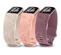 Minyee 3 Packs Floral Engraved Band Compatible with Fitbit Charge 6 Bands/Fitbit Charge 5 Bands Women, Cute Soft Silicone Dandelion Flower Pattern Sport Designer Fancy Summer Strap for Charge 6/5