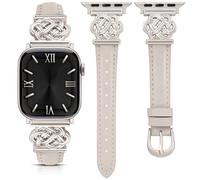 Minyee Celtic Knot Leather Band Compatible with Apple Watch Band 38/40/41/42mm Women, Slim Thin Dressy Premium Leather Interlock Buckle Strap for iWatch Series 10 9 Ultra SE 8 7 6 5 4 3 2 1,Starlight
