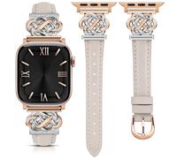 Minyee Celtic Knot Leather Band Compatible with Apple Watch Band 42/44/45/46/49mm Women, Elegant Interlock Buckle Thin Premium Leather Strap for iWatch Series 11 10 9 Ultra SE 8 7 6 5 4 3 2,Starlight