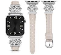 Minyee Celtic Knot Leather Band Compatible with Apple Watch Band 42/44/45/46/49mm Women, Slim Dressy Luxury Premium Leather Buckle Strap for iWatch Series 10 9 Ultra SE 8 7 6 5 4 3, Starlight/Silver