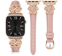Minyee Celtic Knot Leather Band Compatible with Apple Watch Band 42/44/45/46/49mm Women, Slim Leather Stylish Designer Interlock Buckle Strap for iWatch Series 10 9 Ultra SE 8 7 6 5 4,Pink/Rose Gold