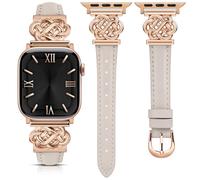 Minyee Celtic Knot Leather Band Compatible with Apple Watch Band 42/44/45/46/49mm Women, Slim Premium Leather Interlock Buckle Strap for iWatch Series 10 9 Ultra SE 8 7 6 5 4 3 2, Starlight/Rose Gold