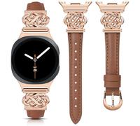 Minyee Celtic Knot Leather Band Compatible with Samsung Galaxy Watch 8 40mm 44mm/ 8 Classic 46mm Band Women, No Gap One-Click Elegant Interlock Buckle Thin Top Grain Leather Wristband,Brown/Rose Gold