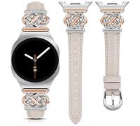 Minyee Celtic Knot Leather Band Compatible with Samsung Galaxy Watch 8 40mm 44mm/ 8 Classic 46mm Band Women, No Gap One-Click Luxury Premium Leather Dual Tone Buckle Strap, Starlight/Silver&Rose Gold