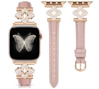 Minyee Compatible with Apple Watch Band 38/40/41/42mm Women, Cute Designer Soft Adjustable Leather Strap with Dainty Sparkle Flower Charm for iWatch Series 11 10 9 8 7 6 5 4 Ultra/SE 3,Pink/Rose Gold