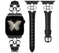Minyee Compatible with Apple Watch Band 42/44/45/46/49mm for Women, Dressy Chic Soft Slim Thin Top-grain Leather Strap with Dainty Flower Charm for iWatch Series 11 10 9 8 7 6 5 4 Ultra/SE 3 2, Black