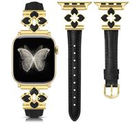Minyee Compatible with Apple Watch Band 42/44/45/46/49mm Women, Elegant Chic Premium Soft Slim Leather Strap with Dainty Flower Charm for iWatch Series 11 10 9 8 7 6 5 4 Ultra/SE 3 2 1, Black/Gold