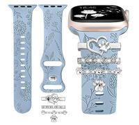 Minyee Compatible with Apple Watch Band with Charms Women 41mm 40mm 38mm 42mm 44mm 45mm 49mm Decorative Ring Loops Floral Engraved Silicone Strap for iWatch Ultra 2,Series 9/8/7/6/5/4/3/2/1/SE(with