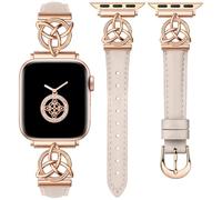Minyee Compatible with Apple Watch Bands Leather 38/40/41/42mm Women, Slim Dressy Leather Strap with Celtic Knot Triquetra Metal Buckle for iWatch Series 10/9/SE/8/7/6/5/4/3/2/1,Starlight/Rose Gold