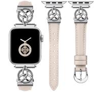 Minyee Compatible with Apple Watch Bands Leather 38/40/41/42mm Women, Slim Thin Dressy Leather Strap with Celtic Knot Triquetra Metal Buckle for iWatch Series 10/9/SE/8/7/6/5/4/3/2/1,Starlight/Sliver