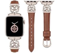 Minyee Compatible with Apple Watch Bands Leather 38/40/41/42mm Women, Slim Thin Dressy Leather Strap with Celtic Knot Triquetra Metal Buckle for iWatch Series 10/9/SE/8/7/6/5/4/3/2/1, Black/Starlight
