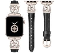 Minyee Compatible with Apple Watch Bands Leather 38/40/41/42mm Women, Slim Thin Dressy Leather Strap with Celtic Knot Triquetra Metal Buckle for iWatch Series 10/9/SE/8/7/6/5/4/3/2/1, Black/Starlight