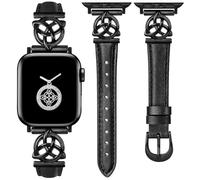 Minyee Compatible with Apple Watch Bands Leather 38/40/41/42mm Women, Slim Thin Dressy Leather Strap with Celtic Knot Triquetra Metal Buckle for iWatch Series 10/9/SE/8/7/6/5/4/3/2/1, Black/Black
