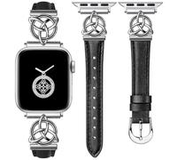 Minyee Compatible with Apple Watch Bands Leather 42/44/45/46/49m Women, Slim Thin Dressy Leather Strap with Celtic Knot Triquetra Metal Buckle for iWatch Series 10/9/SE/8/7/6/5/4/3/2/1, Black/Silver