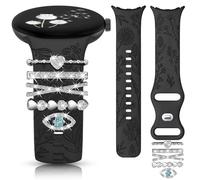 Minyee Floral Engraved Band Charms Compatible with Google Pixel Watch 4/3 41mm/ 2/1 Bands Women, Cute Soft Silicone Flower Straps with Decorative Ring Loop for Pixel Watch 2 (With Band), Black