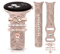 Minyee Floral Engraved Bands Charms Compatible with Google Pixel Watch 3 41mm/2/1 Band Women, Cute Soft Silicone Flower Sport Straps with Decorative Ring Loop for Pixel Watch 2(With Band), Silicone