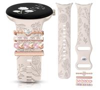 Minyee Floral Engraved Bands Charms Compatible with Google Pixel Watch 3 41mm/2/1 Band Women, Cute Soft Silicone Flower Sport Straps with Decorative Ring Loop for Pixel Watch 2(With Band), Silicone