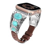 Minyee Leather Band Compatible with Apple Watch 38mm 40mm 41mm 42mm 44mm 45mm 49mm Turquoise Vintage Boho Ethnic Antique Jewelry for Ultra 2 Series 9 8 7 6 5 4 3 2 1 SE, Walnut Brown/Turquoise, 44/45