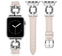 Minyee Leather Band Compatible with Apple Watch Bands 42/44/45/46/49mm Women, Slim Thin Leather Designer Dressy O-Shape Metal Buckle Strap for iWatch Series 10 9 8 7 6 5 4 3 SE Ultra,Starlight/Silver