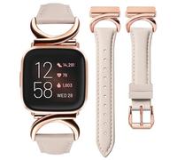 Minyee Leather Band Compatible with Fitbit Versa 2/Fitbit Versa/Versa Lite Bands Women, Slim Thin Dressy Designer Premium Leather Strap with C-Shape Metal Buckle for Versa 2 Watch, Starlight/Rose Gold