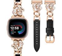 Minyee Leather Band Compatible with Fitbit Versa 4/3/Sense 2/1 Watch Bands Women, Dressy Slim Elegant Leather Metal Chain Strap with Bling Cute Camellia Charms for Versa 4 Smartwatch, Black/Rose Gold
