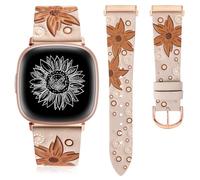 Minyee Leather Band Compatible with Fitbit Versa 4/Versa 3/Fitbit Sense 2/Sense Band Women, Boho Western Embossed Sunflower Floral Designer Cute Fancy Slim Thin Leather Strap for Versa 3 Smartwatch