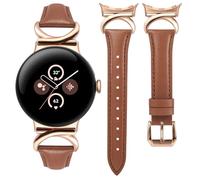 Minyee Leather Band Compatible with Google Pixel Watch 4/3 41mm/Pixel Watch 2/1 Bands Women,Slim Thin Dressy Designer Premium Leather Strap with C-Shape Metal Buckle, Brown/Rose Gold
