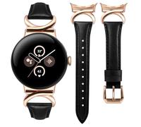 Minyee Leather Band Compatible with Google Pixel Watch 4/3 41mm/Pixel Watch 2/1 Bands Women,Slim Thin Dressy Designer Premium Leather Strap with C-Shape Metal Buckle, Black/Rose Gold