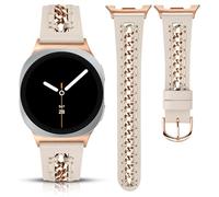 Minyee Leather Band Compatible with Samsung Galaxy Watch 8 40mm 44mm/ 8 Classic 46mm Bands, No Gap One-Click Dressy Premium Leather Strap with Stainless Steel Metal Chain Women, Starlight/Rose Gold