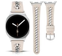 Minyee Leather Band Compatible with Samsung Galaxy Watch 8 40mm 44mm/ 8 Classic 46mm Bands, No Gap One-Click Dressy Premium Leather Strap with Stainless Steel Metal Chain Women, NOT for Other Models