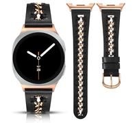 Minyee Leather Band Compatible with Samsung Galaxy Watch 8 40mm 44mm/ 8 Classic 46mm Bands, No Gap One-Click Dressy Premium Leather Strap with Stainless Steel Metal Chain Women, Black/Rose Gold