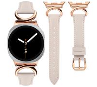 Minyee Leather Band Compatible with Samsung Galaxy Watch 8 40mm 44mm/8 Classic 46mm Bands, No Gap One-Click Slim Thin Dressy Leather Designer Strap with C-Shape Metal Buckle Women,Starlight/Rose Gold