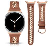 Minyee Leather Band Compatible with Samsung Galaxy Watch 8 40mm 44mm/ 8 Classic 46mm Bands, No Gap One-Click Dressy Premium Leather Strap with Stainless Steel Metal Chain Women, Brown/Rose Gold