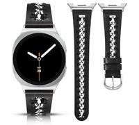 Minyee Leather Band Compatible with Samsung Galaxy Watch 8 40mm 44mm/ 8 Classic 46mm Bands, No Gap One-Click Dressy Premium Leather Strap with Stainless Steel Metal Chain Women, Black/Silver