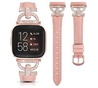 Minyee Leather Bands Compatible with Fitbit Versa 2/Fitbit Versa/Versa Lite Band Women, Dressy Slim Thin Leather Strap with D-Shaped Diamonds Metal Buckle Luxury Bracelet for Versa 2 Smart Watch (Only