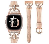 Minyee Leather Bands Compatible with Fitbit Versa 4/Versa 3/Sense 2/Sense Band for Women, Dressy Bling Slim Leather Strap with D-shaped Diamonds Metal Buckle for Versa 3