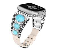 Minyee Leather Strap Compatible with Apple Watch 38/40/41/42/44/45/49mm Turquoise Vintage Boho Ethnic Antique Jewelry Style for Ultra 2 Series 9 8 7 6 5 4 3 2 1 SE, Starlight/Turquoise, 38/40/41/42mm