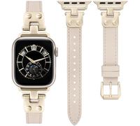Minyee Slim Leather Band Compatible with Apple Watch Bands 38/40/41/42mm Women, Dressy Thin Leather Strap with Tapered Metal Buckle for iWatch Series 10/9/SE/8/7/6/5/4/3/2/1, Starlight/Champagne Gold