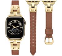 Minyee Slim Leather Band Compatible with Apple Watch Bands 38/40/41/42mm Women, Dressy Thin Soft Leather Strap with Designer Tapered Metal Buckle for iWatch Series 10/9/SE/8/7/6/5/4/3/2/1, Brown/Gold