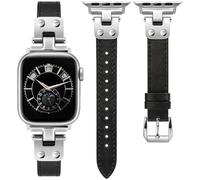 Minyee Slim Leather Band Compatible with Apple Watch Bands 38/40/41/42mm Women, Dressy Thin Soft Leather Strap with Designer Tapered Metal Buckle for iWatch Series 10/9/SE/8/7/6/5/4/3/2/1,Black/Silver