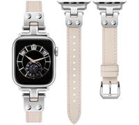 Minyee Slim Leather Band Compatible with Apple Watch Bands 38/40/41/42mm Women, Dressy Thin Soft Leather Strap with Tapered Metal Buckle for iWatch Series 10/9/SE/8/7/6/5/4/3/2/1, Starlight/Sliver