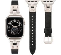 Minyee Slim Leather Band Compatible with Apple Watch Bands 38/40/41/42mm Women, Dressy Thin Soft Leather Strap with Tapered Metal Buckle for iWatch Series 10/9/SE/8/7/6/5/4/3/2/1, Black/Starlight