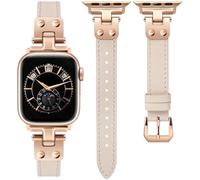 Minyee Slim Leather Band Compatible with Apple Watch Bands 42/44/45/46/49mm Women, Dressy Thin Leather Strap with Tapered Metal Buckle for iWatch Series 10/9/SE/8/7/6/5/4/3/2/1, Starlight/Rose Gold