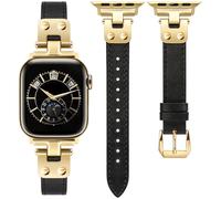 Minyee Slim Leather Band Compatible with Apple Watch Bands 42/44/45/46/49mm Women, Dressy Thin Leather Strap with Designer Tapered Metal Buckle for iWatch Series 10/9/SE/8/7/6/5/4/3/2/1, Black/Gold