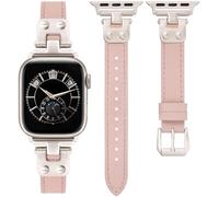 Minyee Slim Leather Band Compatible with Apple Watch Bands 42/44/45/46/49mm Women, Dressy Thin Soft Leather Strap with Tapered Metal Buckle for iWatch Series 10/9/SE/8/7/6/5/4/3/2/1, Pink/Starlight
