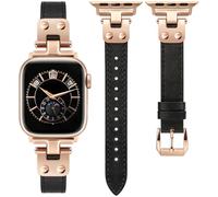 Minyee Slim Leather Band Compatible with Apple Watch Bands 42/44/45/46/49mm Women, Dressy Thin Soft Leather Strap with Tapered Metal Buckle for iWatch Series 10/9/SE/8/7/6/5/4/3/2/1, Black/Rose Gold