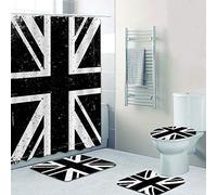 Minyose Vintage Black White Union Jack Bathroom Shower Curtain Flag Of United Kingdom Uk Flag Bathroom Mat Toilet Lid Bathtub Decor Gift 1.8X1.8M