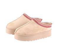 MIOBER Ladies Suede Slipper, Women's Slip On Indoor Platform Slippers,Faux Fur Warm,Plush Thermal with Anti-Skid Sole,Lined Outdoor Winter Boots(MOBI3-Mocha+Red Webbing,UK04)